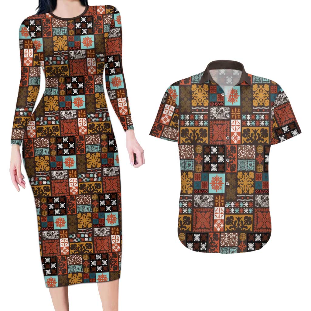 Vintage Hawaiian Quilting Patterns Couples Matching Long Sleeve Bodycon Dress and Hawaiian Shirt Brown Style Tribal Fabric Patchwork LT9 Brown - Polynesian Pride