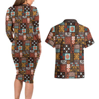 Vintage Hawaiian Quilting Patterns Couples Matching Long Sleeve Bodycon Dress and Hawaiian Shirt Brown Style Tribal Fabric Patchwork LT9 - Polynesian Pride