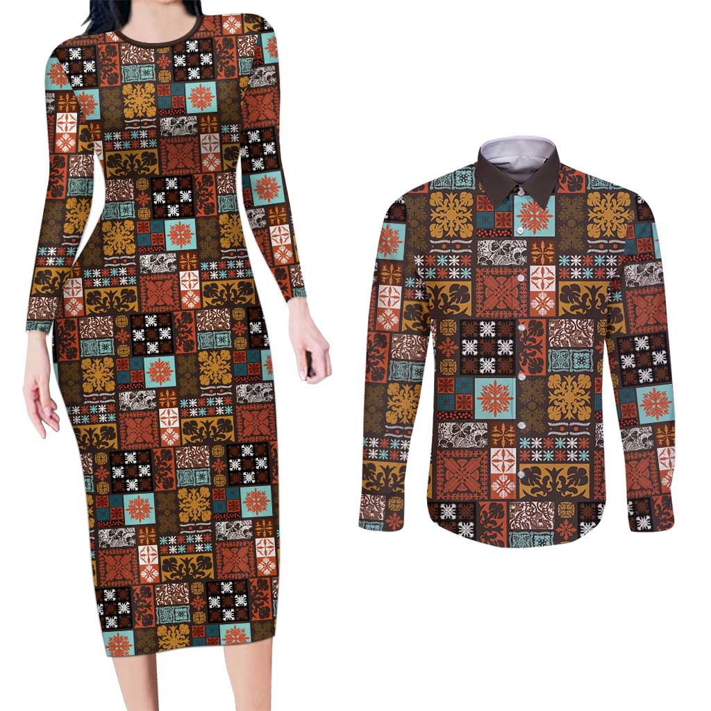 Vintage Hawaiian Quilting Patterns Couples Matching Long Sleeve Bodycon Dress and Long Sleeve Button Shirt Brown Style Tribal Fabric Patchwork LT9 Brown - Polynesian Pride
