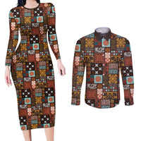 Vintage Hawaiian Quilting Patterns Couples Matching Long Sleeve Bodycon Dress and Long Sleeve Button Shirt Brown Style Tribal Fabric Patchwork LT9 Brown - Polynesian Pride