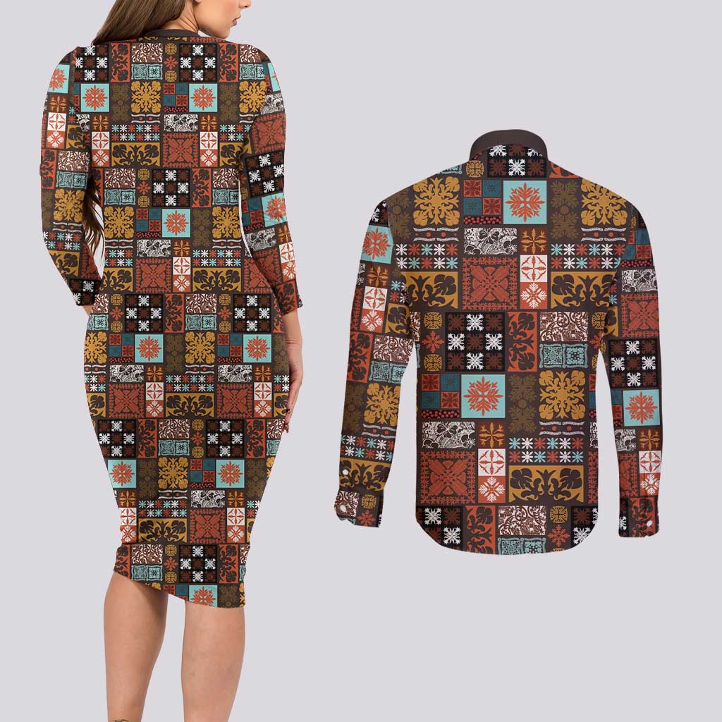 Vintage Hawaiian Quilting Patterns Couples Matching Long Sleeve Bodycon Dress and Long Sleeve Button Shirt Brown Style Tribal Fabric Patchwork LT9 - Polynesian Pride