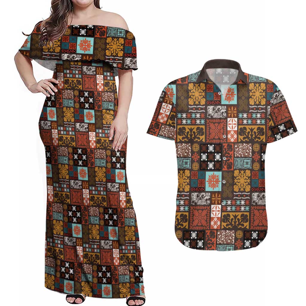 Vintage Hawaiian Quilting Patterns Couples Matching Off Shoulder Maxi Dress and Hawaiian Shirt Brown Style Tribal Fabric Patchwork LT9 Brown - Polynesian Pride