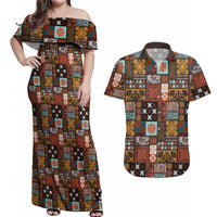 Vintage Hawaiian Quilting Patterns Couples Matching Off Shoulder Maxi Dress and Hawaiian Shirt Brown Style Tribal Fabric Patchwork LT9 Brown - Polynesian Pride