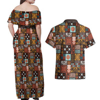 Vintage Hawaiian Quilting Patterns Couples Matching Off Shoulder Maxi Dress and Hawaiian Shirt Brown Style Tribal Fabric Patchwork LT9 - Polynesian Pride