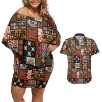Vintage Hawaiian Quilting Patterns Couples Matching Off Shoulder Short Dress and Hawaiian Shirt Brown Style Tribal Fabric Patchwork - Polynesian Pride
