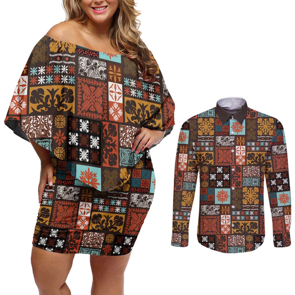 Vintage Hawaiian Quilting Patterns Couples Matching Off Shoulder Short Dress and Long Sleeve Button Shirt Brown Style Tribal Fabric Patchwork - Polynesian Pride