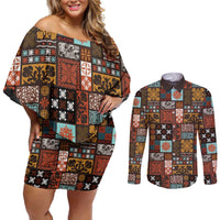 Vintage Hawaiian Quilting Patterns Couples Matching Off Shoulder Short Dress and Long Sleeve Button Shirt Brown Style Tribal Fabric Patchwork - Polynesian Pride