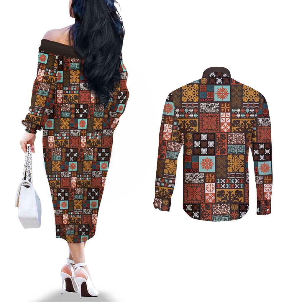 Vintage Hawaiian Quilting Patterns Couples Matching Off The Shoulder Long Sleeve Dress and Long Sleeve Button Shirt Brown Style Tribal Fabric Patchwork - Polynesian Pride