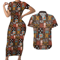 Vintage Hawaiian Quilting Patterns Couples Matching Short Sleeve Bodycon Dress and Hawaiian Shirt Brown Style Tribal Fabric Patchwork - Polynesian Pride