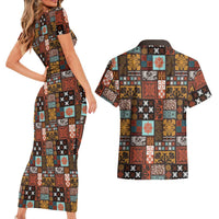 Vintage Hawaiian Quilting Patterns Couples Matching Short Sleeve Bodycon Dress and Hawaiian Shirt Brown Style Tribal Fabric Patchwork - Polynesian Pride