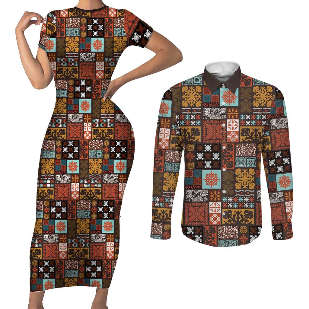 Vintage Hawaiian Quilting Patterns Couples Matching Short Sleeve Bodycon Dress and Long Sleeve Button Shirt Brown Style Tribal Fabric Patchwork LT9 Brown - Polynesian Pride