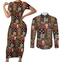 Vintage Hawaiian Quilting Patterns Couples Matching Short Sleeve Bodycon Dress and Long Sleeve Button Shirt Brown Style Tribal Fabric Patchwork LT9 Brown - Polynesian Pride