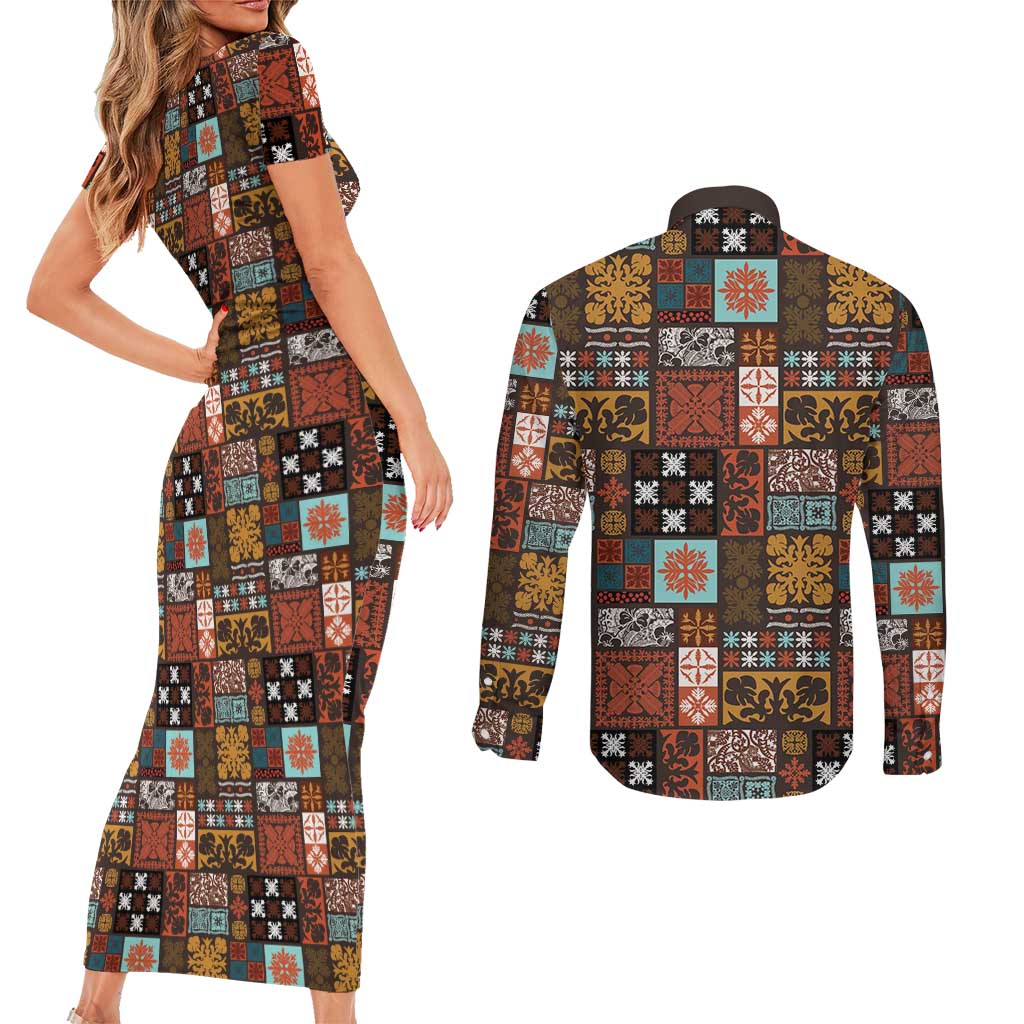 Vintage Hawaiian Quilting Patterns Couples Matching Short Sleeve Bodycon Dress and Long Sleeve Button Shirt Brown Style Tribal Fabric Patchwork LT9 - Polynesian Pride