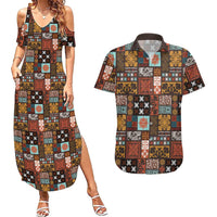 Vintage Hawaiian Quilting Patterns Couples Matching Summer Maxi Dress and Hawaiian Shirt Brown Style Tribal Fabric Patchwork LT9 Brown - Polynesian Pride