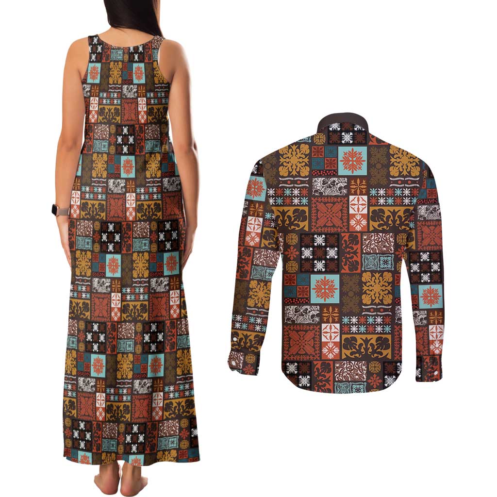 Vintage Hawaiian Quilting Patterns Couples Matching Tank Maxi Dress and Long Sleeve Button Shirt Brown Style Tribal Fabric Patchwork LT9 - Polynesian Pride
