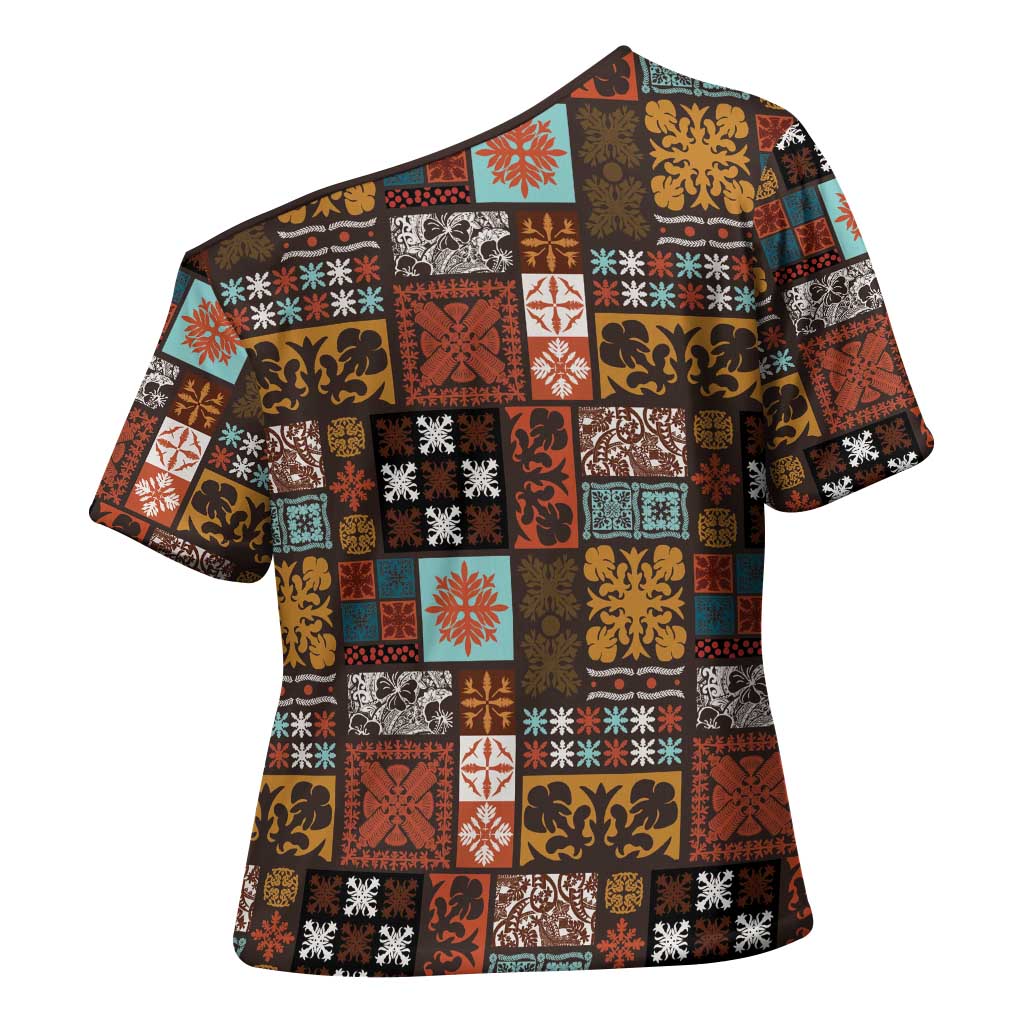 Vintage Hawaiian Quilting Patterns Cross Shoulder Shirt Brown Style Tribal Fabric Patchwork - Polynesian Pride