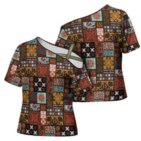 Vintage Hawaiian Quilting Patterns Cross Shoulder Shirt Brown Style Tribal Fabric Patchwork - Polynesian Pride