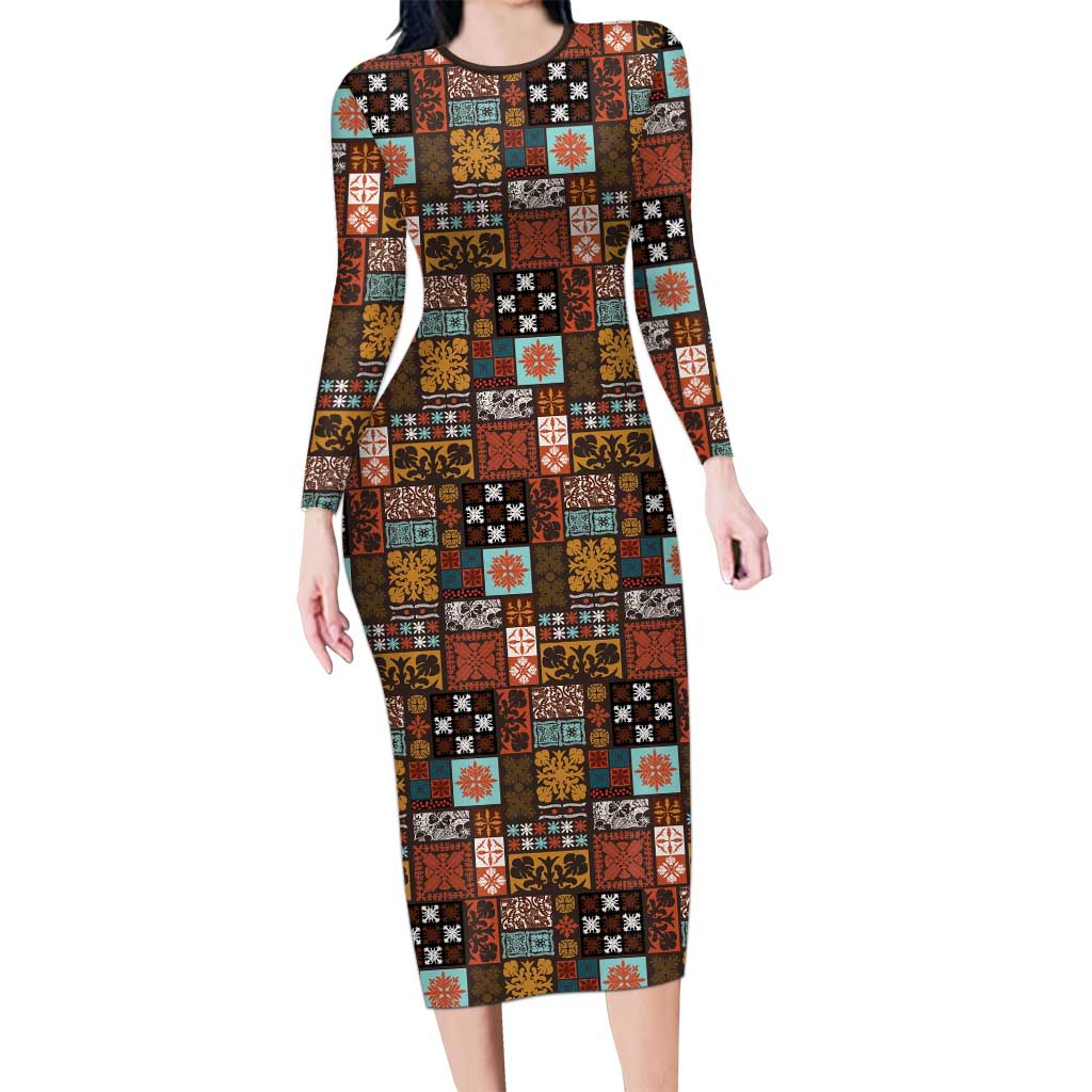Vintage Hawaiian Quilting Patterns Family Matching Long Sleeve Bodycon Dress and Hawaiian Shirt Brown Style Tribal Fabric Patchwork - Polynesian Pride
