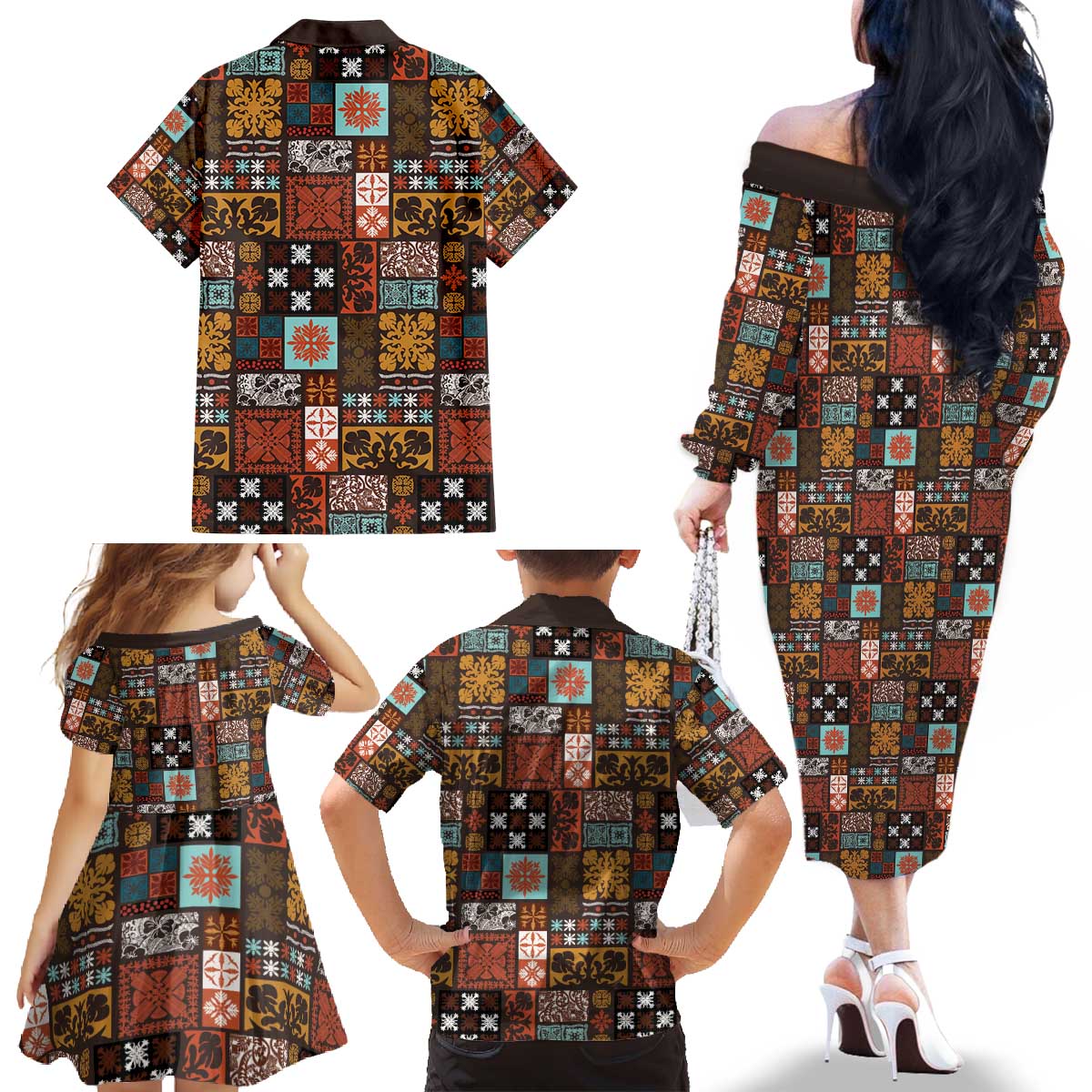 Vintage Hawaiian Quilting Patterns Family Matching Off The Shoulder Long Sleeve Dress and Hawaiian Shirt Brown Style Tribal Fabric Patchwork - Polynesian Pride