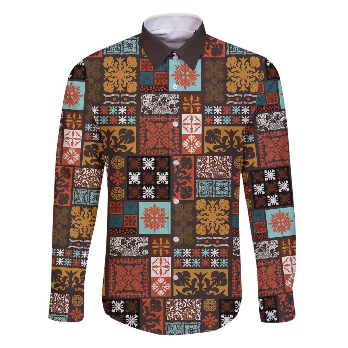 Vintage Hawaiian Quilting Patterns Family Matching Off The Shoulder Long Sleeve Dress and Hawaiian Shirt Brown Style Tribal Fabric Patchwork - Polynesian Pride
