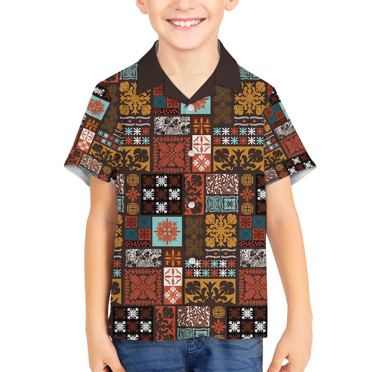 Vintage Hawaiian Quilting Patterns Family Matching Off The Shoulder Long Sleeve Dress and Hawaiian Shirt Brown Style Tribal Fabric Patchwork - Polynesian Pride