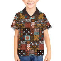 Vintage Hawaiian Quilting Patterns Family Matching Off The Shoulder Long Sleeve Dress and Hawaiian Shirt Brown Style Tribal Fabric Patchwork - Polynesian Pride