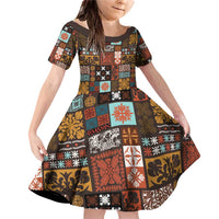 Vintage Hawaiian Quilting Patterns Family Matching Off Shoulder Short Dress and Hawaiian Shirt Brown Style Tribal Fabric Patchwork - Polynesian Pride