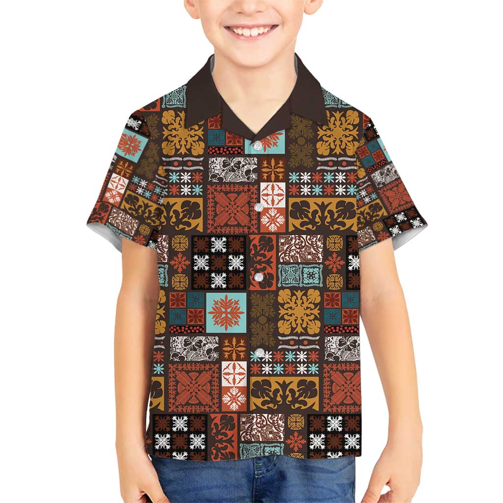 Vintage Hawaiian Quilting Patterns Family Matching Off Shoulder Short Dress and Hawaiian Shirt Brown Style Tribal Fabric Patchwork - Polynesian Pride