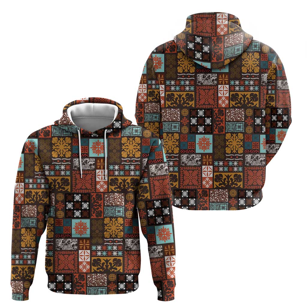 Vintage Hawaiian Quilting Patterns Hoodie Brown Style Tribal Fabric Patchwork - Polynesian Pride