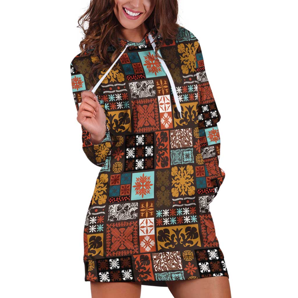 Vintage Hawaiian Quilting Patterns Hoodie Dress Brown Style Tribal Fabric Patchwork - Polynesian Pride