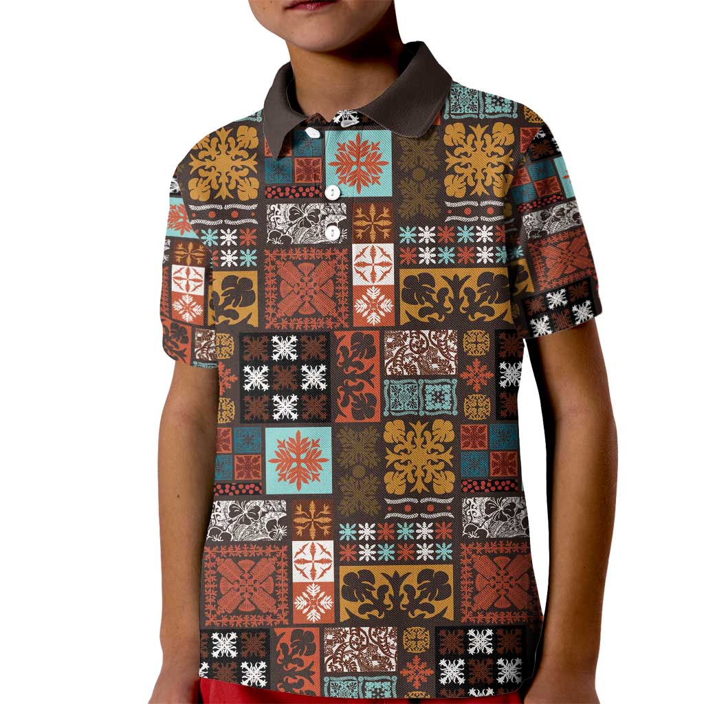 Vintage Hawaiian Quilting Patterns Kid Polo Shirt Brown Style Tribal Fabric Patchwork - Polynesian Pride