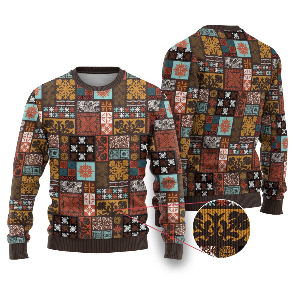 Vintage Hawaiian Quilting Patterns Ugly Christmas Sweater Brown Style Tribal Fabric Patchwork - Polynesian Pride