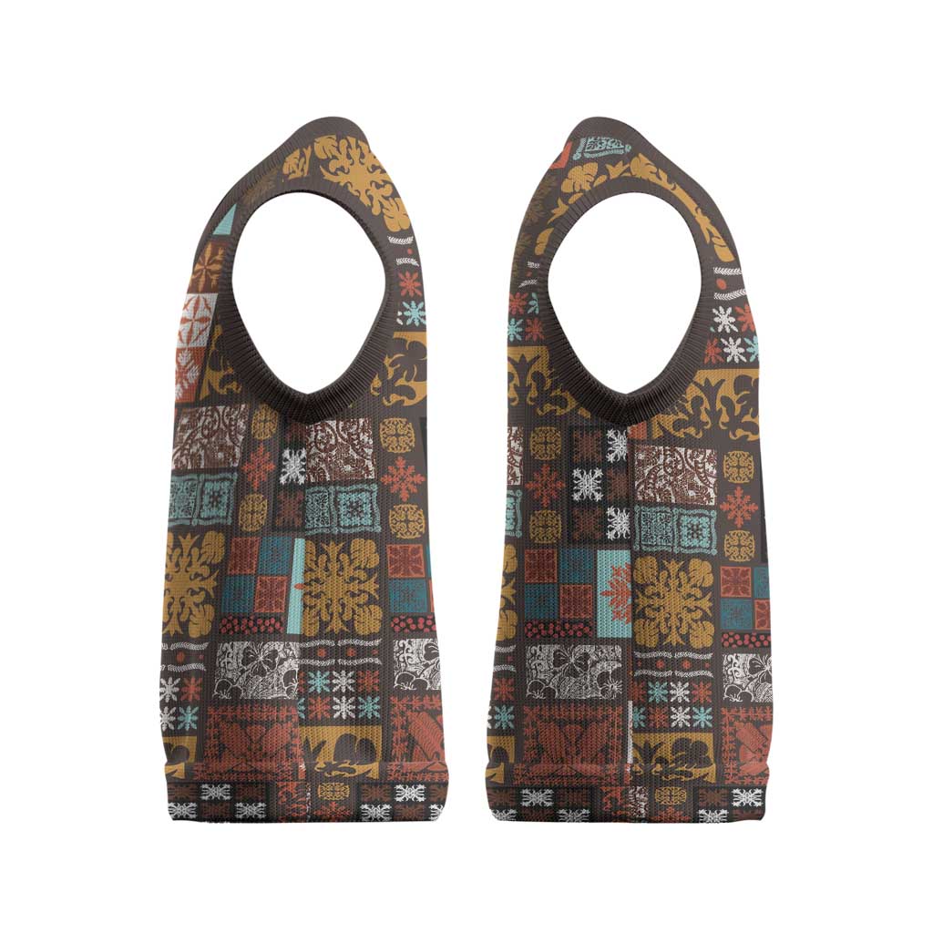 Vintage Hawaiian Quilting Patterns Christmas Knitted V-Neck Vest Brown Style Tribal Fabric Patchwork - Polynesian Pride