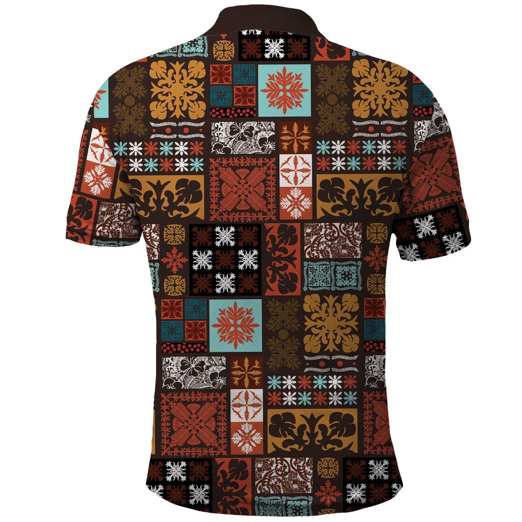 Vintage Hawaiian Quilting Patterns Polo Shirt Brown Style Tribal Fabric Patchwork - Polynesian Pride