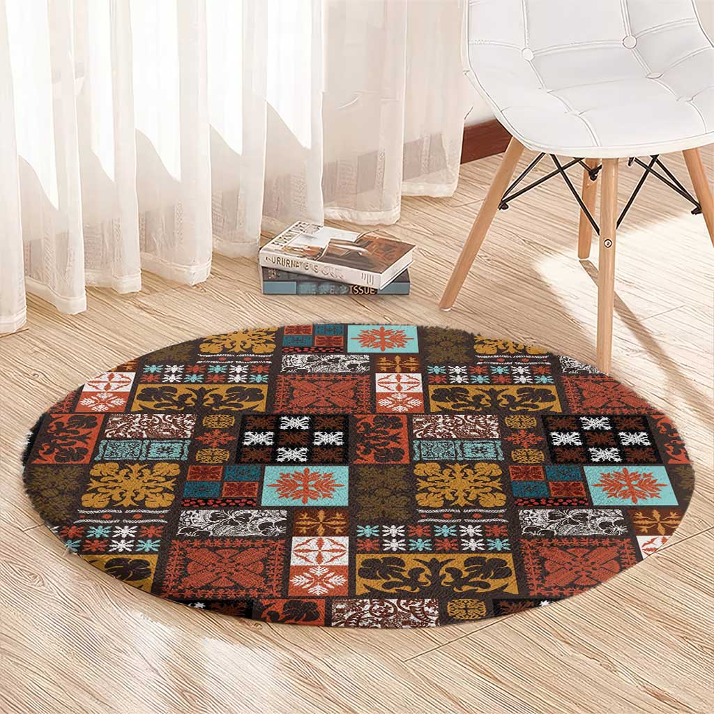 Vintage Hawaiian Quilting Patterns Round Carpet Brown Style Tribal Fabric Patchwork - Polynesian Pride