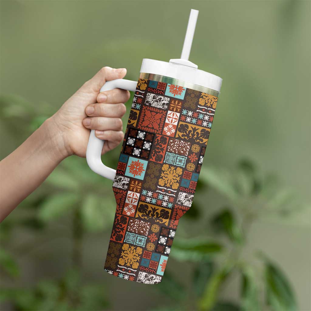 Vintage Hawaiian Quilting Patterns Tumbler With Handle Brown Style Tribal Fabric Patchwork - Polynesian Pride