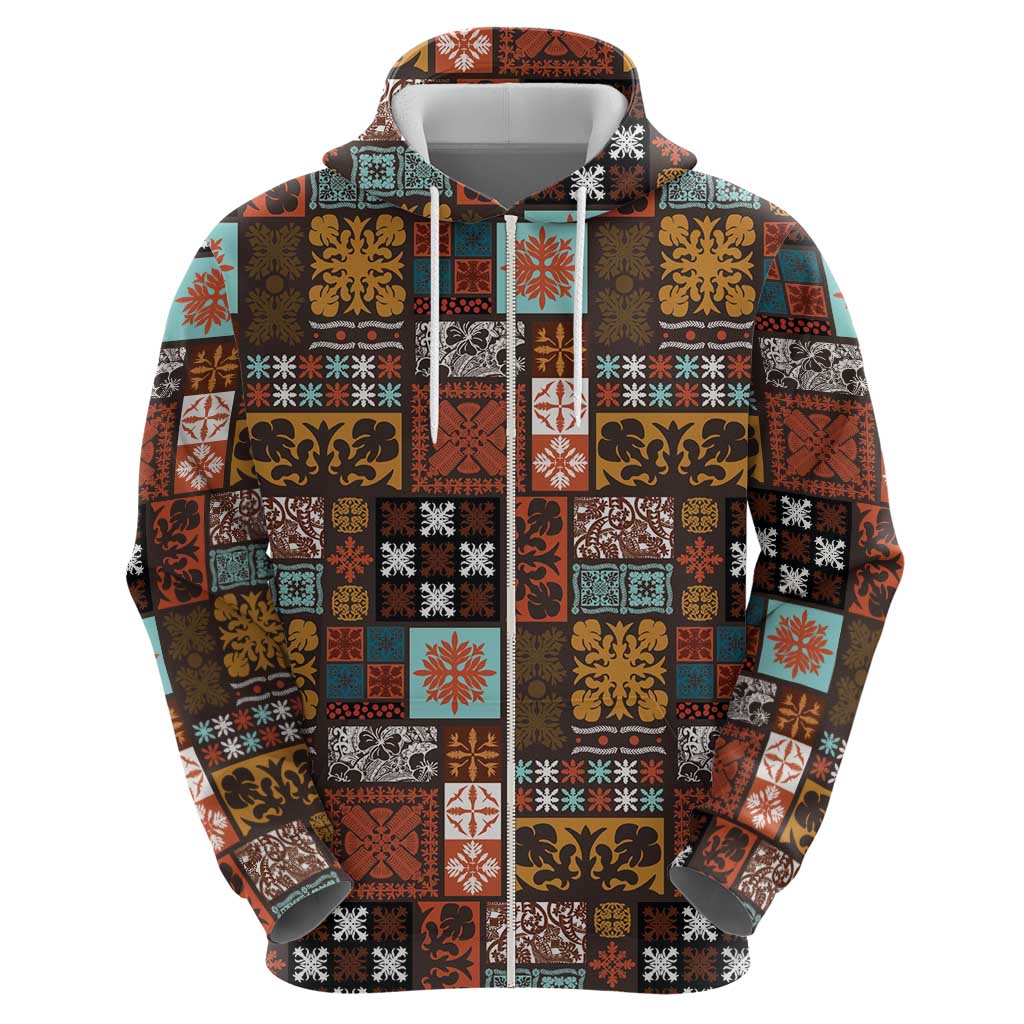 Vintage Hawaiian Quilting Patterns Zip Hoodie Brown Style Tribal Fabric Patchwork - Polynesian Pride
