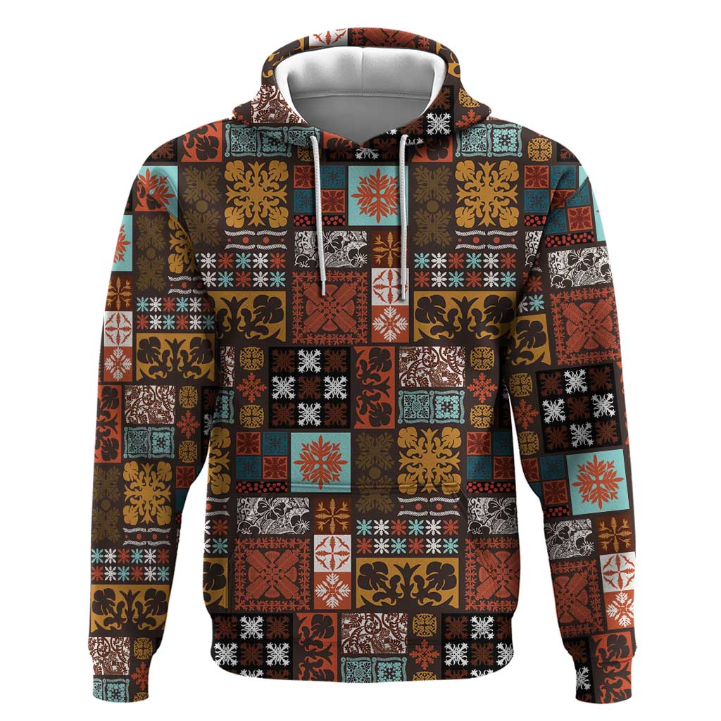 Vintage Hawaiian Quilting Patterns Zip Hoodie Brown Style Tribal Fabric Patchwork - Polynesian Pride