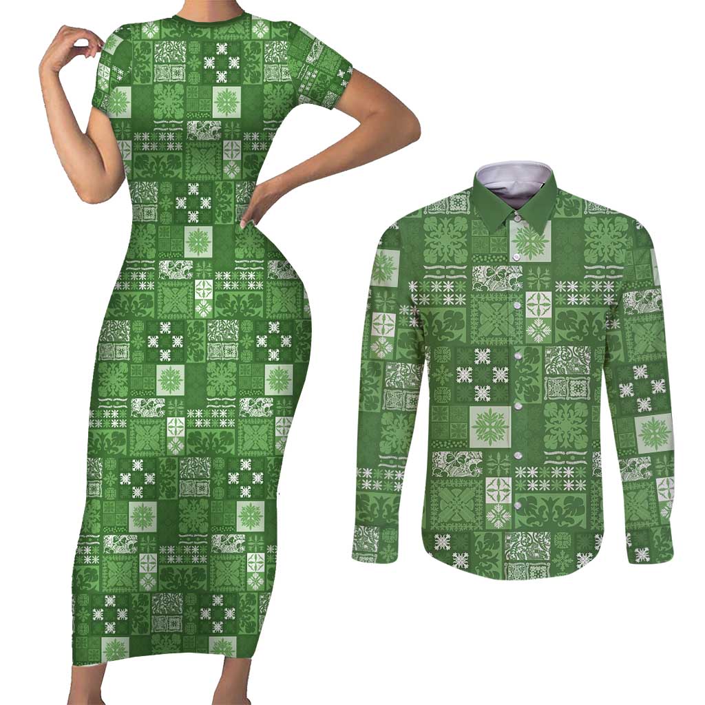 Vintage Hawaiian Quilting Patterns Couples Matching Short Sleeve Bodycon Dress and Long Sleeve Button Shirt Green Style Tribal Fabric Patchwork - Polynesian Pride