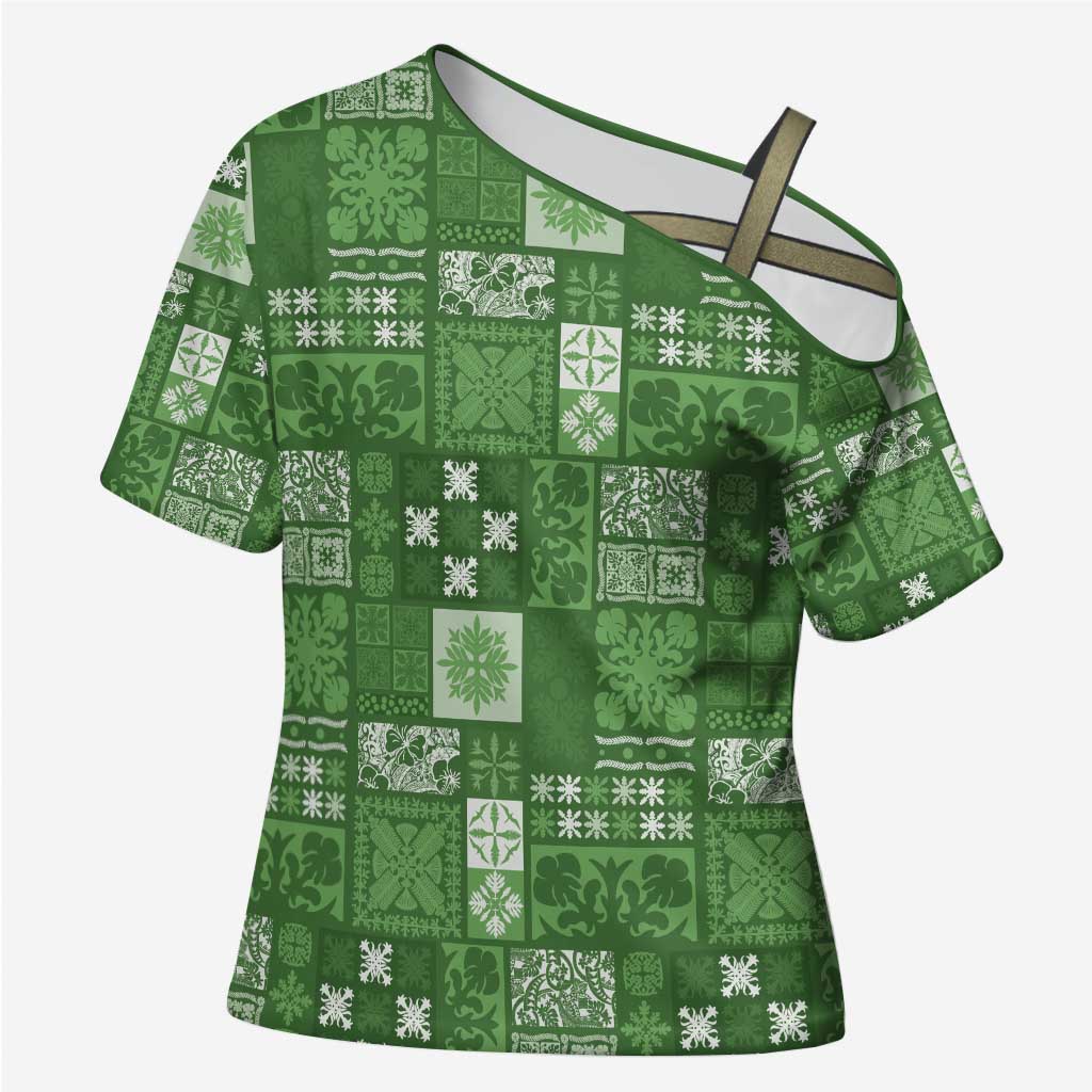 Vintage Hawaiian Quilting Patterns Cross Shoulder Shirt Green Style Tribal Fabric Patchwork - Polynesian Pride