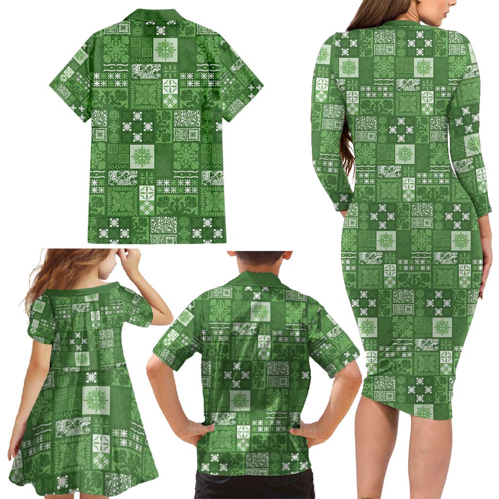Vintage Hawaiian Quilting Patterns Family Matching Long Sleeve Bodycon Dress and Hawaiian Shirt Green Style Tribal Fabric Patchwork - Polynesian Pride