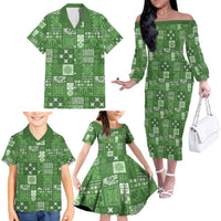 Vintage Hawaiian Quilting Patterns Family Matching Off The Shoulder Long Sleeve Dress and Hawaiian Shirt Green Style Tribal Fabric Patchwork - Polynesian Pride