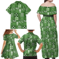 Vintage Hawaiian Quilting Patterns Family Matching Off Shoulder Maxi Dress and Hawaiian Shirt Green Style Tribal Fabric Patchwork - Polynesian Pride