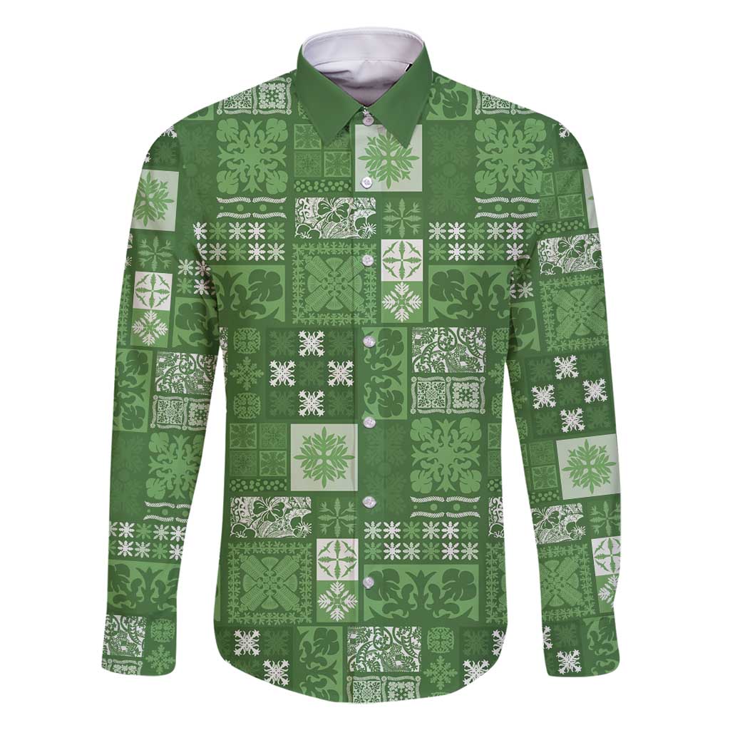 Vintage Hawaiian Quilting Patterns Family Matching Off Shoulder Short Dress and Hawaiian Shirt Green Style Tribal Fabric Patchwork - Polynesian Pride