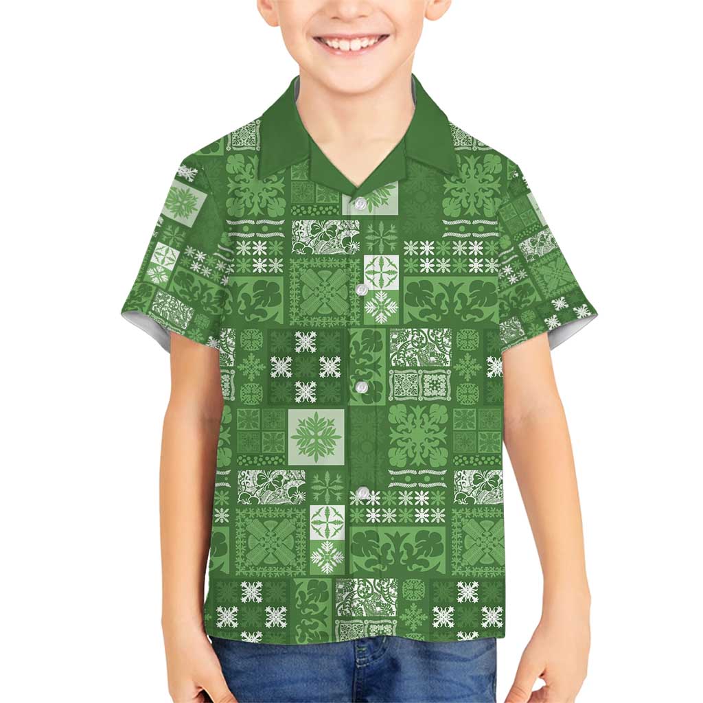 Vintage Hawaiian Quilting Patterns Family Matching Puletasi and Hawaiian Shirt Green Style Tribal Fabric Patchwork - Polynesian Pride