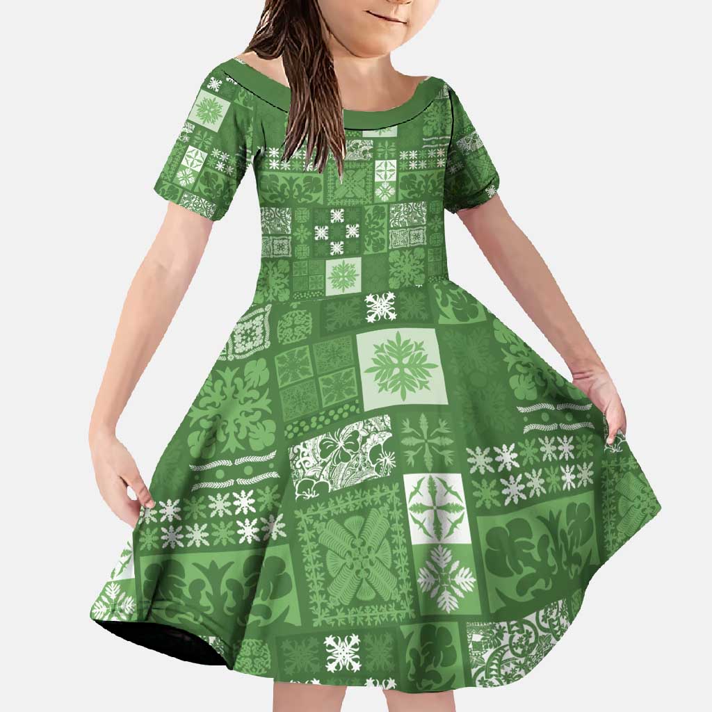 Vintage Hawaiian Quilting Patterns Family Matching Short Sleeve Bodycon Dress and Hawaiian Shirt Green Style Tribal Fabric Patchwork - Polynesian Pride