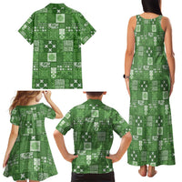 Vintage Hawaiian Quilting Patterns Family Matching Tank Maxi Dress and Hawaiian Shirt Green Style Tribal Fabric Patchwork - Polynesian Pride