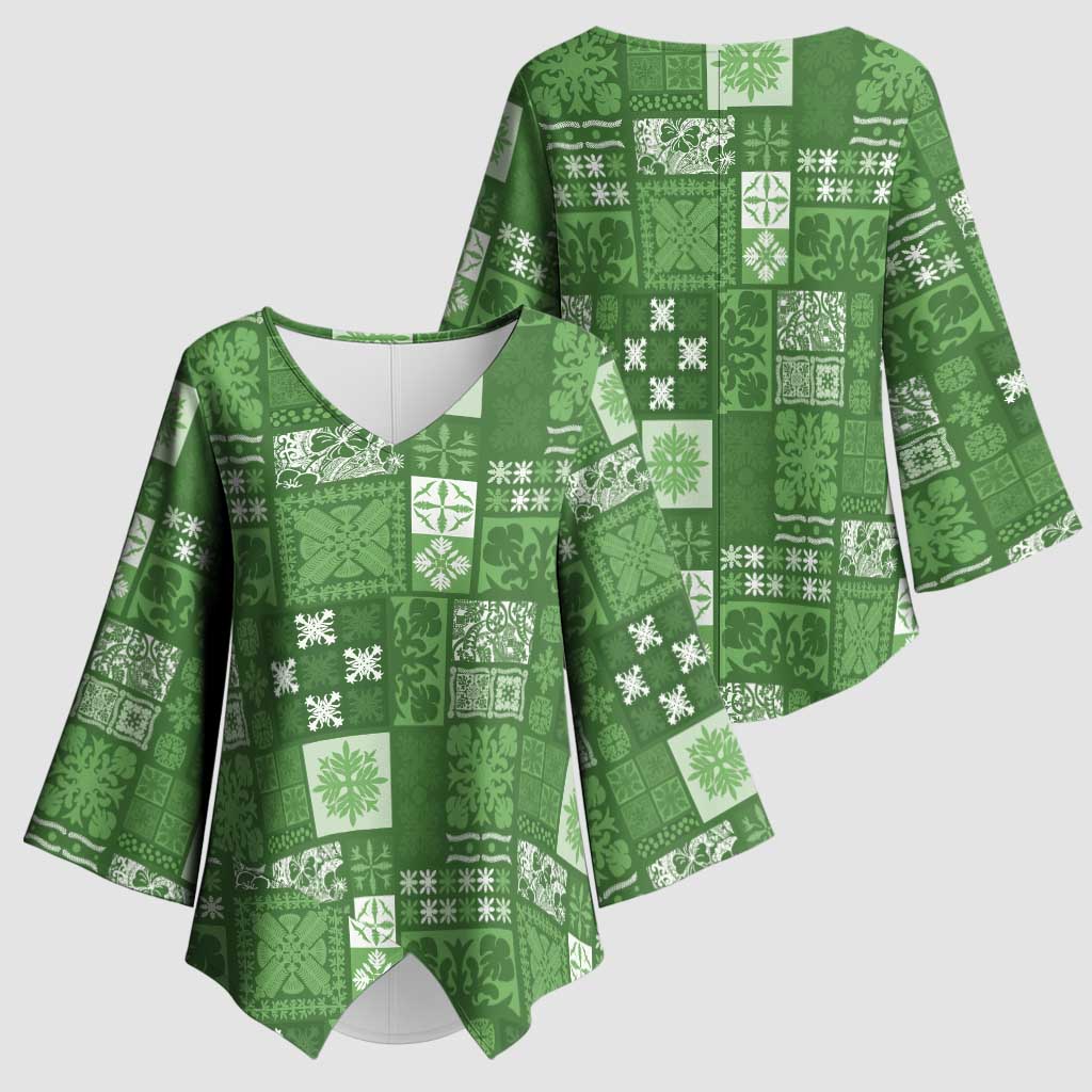 Vintage Hawaiian Quilting Patterns Kimono Sleeve Blouse Green Style Tribal Fabric Patchwork - Polynesian Pride