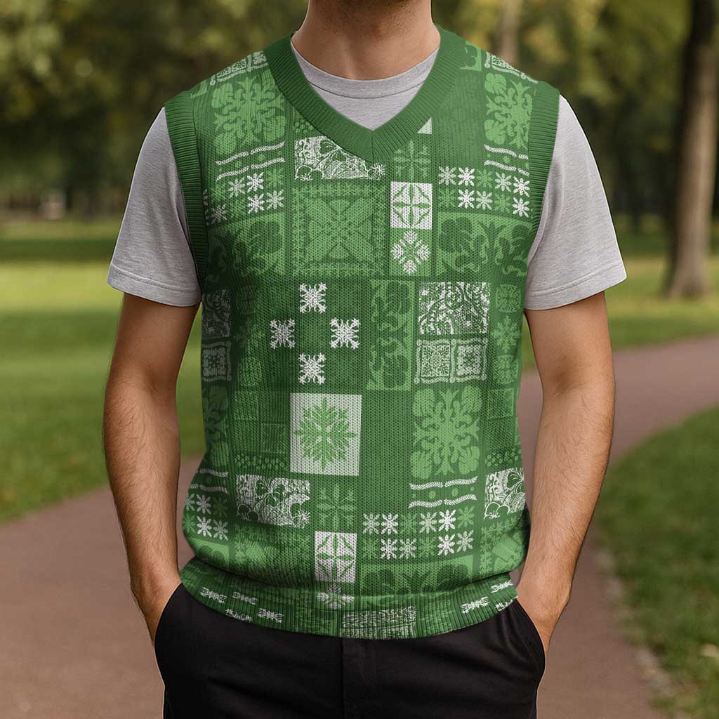 Vintage Hawaiian Quilting Patterns Christmas Knitted V-Neck Vest Green Style Tribal Fabric Patchwork - Polynesian Pride