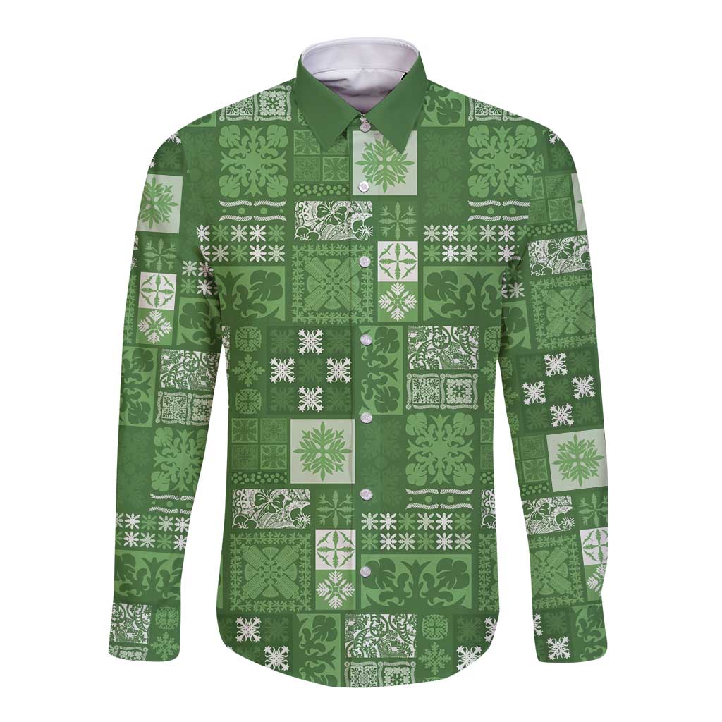 Vintage Hawaiian Quilting Patterns Long Sleeve Button Shirt Green Style Tribal Fabric Patchwork - Polynesian Pride